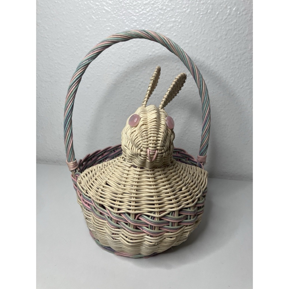 Vintage 1980's Bunny Rabbit Shaped Wicker Basket Easter Handle Spring Home Decor